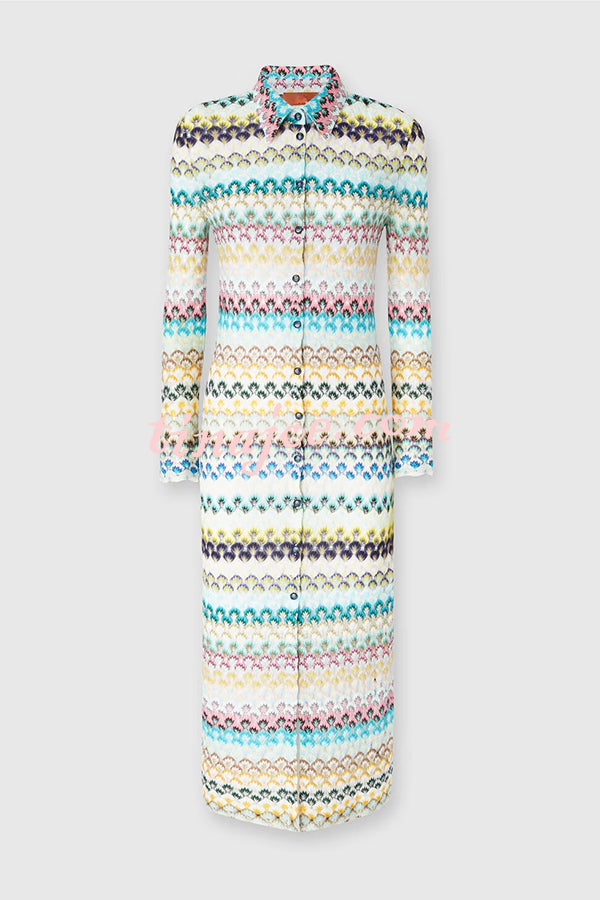 Anna Knit Colorful Herringbone Print Shirt Neck Button Long Sleeve Slim-fit Long Cardigan