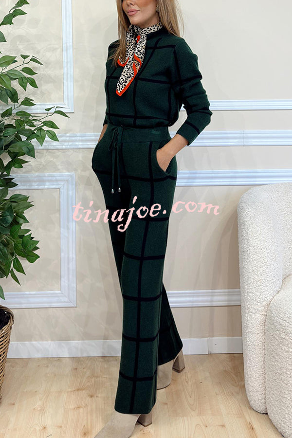 Fashionable Plaid Turtleneck Long Sleeve Top and Elastic Waist Tie Pocket Pants Set