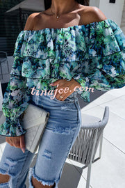 Colorful Botanical Print Sexy Off-shoulder Ruffle Top