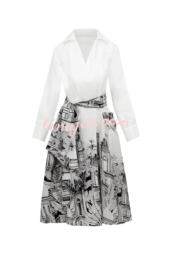 Jiles Linen Blend Unique Contrast Print Long Sleeve Tie-up Pocket Shirt Midi Dress