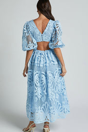 Solid Color V neck Hollow Lace Waistless Sexy Maxi Dress