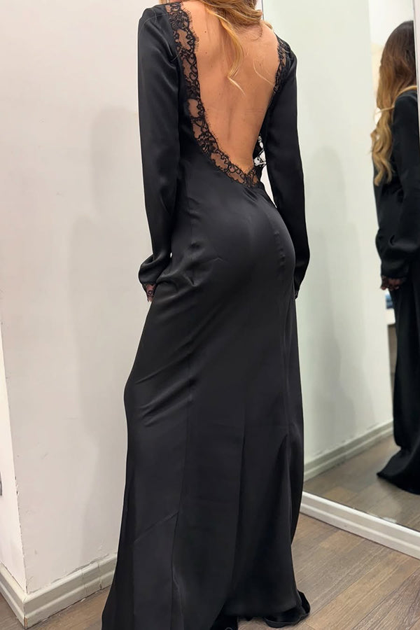 Mystic Moment Satin Lace Trim Long Sleeve Backless Maxi Dress
