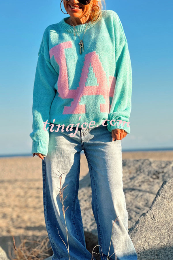Letter Pattern Crew Neck Long Sleeve Loose Knit Sweater