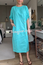 Ultra-comfortable Linen Blend Half Sleeve Front Button Detail Relaxed Pocket Midi Dress