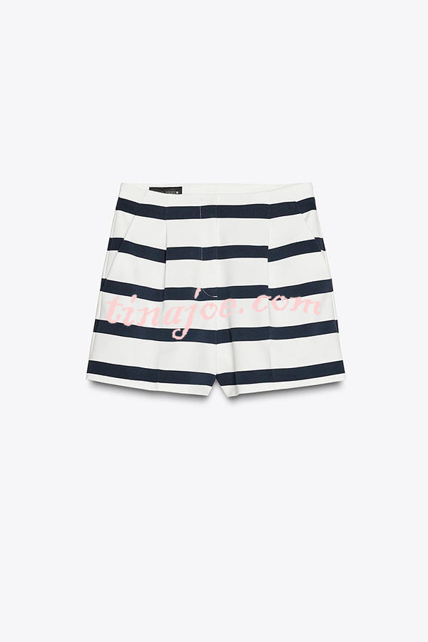 Logbook Stripe Button Shoulder T-Shirt and High-Rise Pocketed Loose  Shorts Set