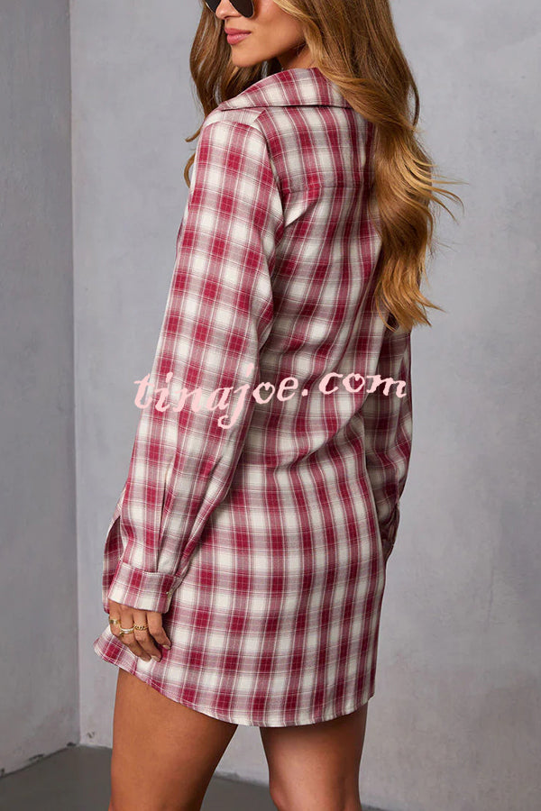 Ashroot Plaid Button Up Wrap Tie Long Sleeve Shirt Mini Dress