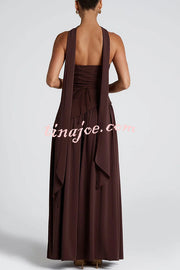 Elegant Off Shopulder Chiffon Pleated Hem Scarf Slit Maxi Dress