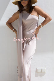Cheers Babe Satin Solid Color Elegant One Shoulder Tie Maxi Dress