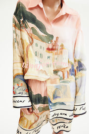 Unique Print Lapel Long Sleeve Loose Shirt and Elastic Waist Casual Pocket Shorts Set