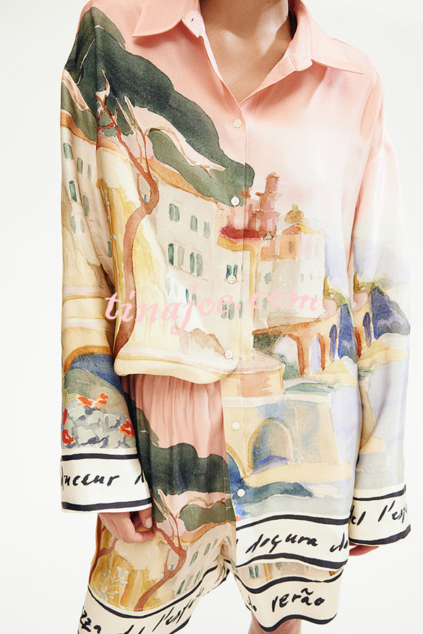 Unique Print Lapel Long Sleeve Loose Shirt and Elastic Waist Casual Pocket Shorts Set