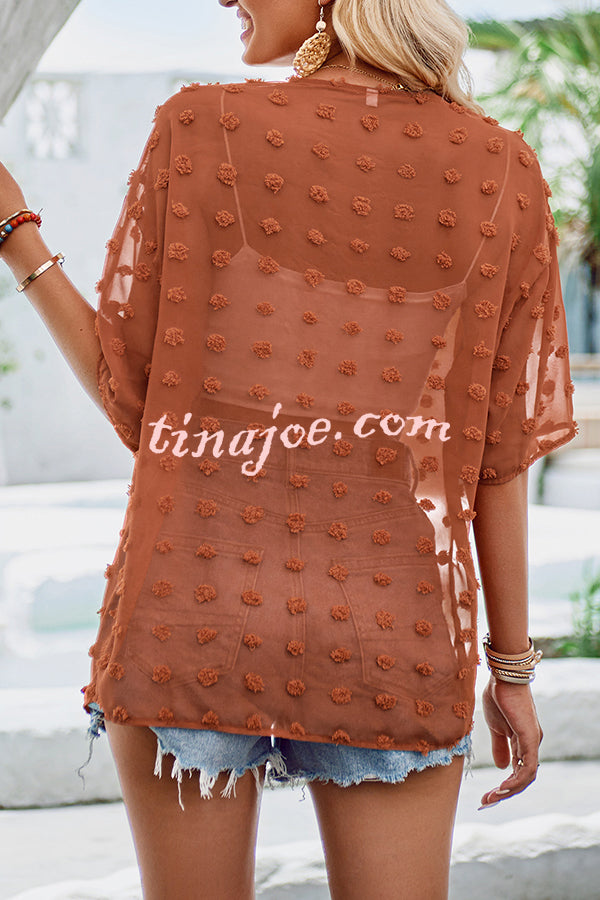 Casual See Through Patchwork Pom Pom Short Sleeved Cover Up