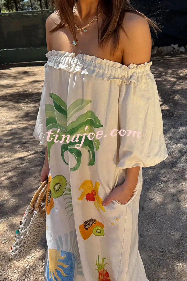 Sunveil Linen Blend Unique Print Puff Sleeve Pocket Strapless Maxi Dress