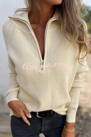 Solid Color Long Sleeve Lapel Zipper Casual Knitted Sweater