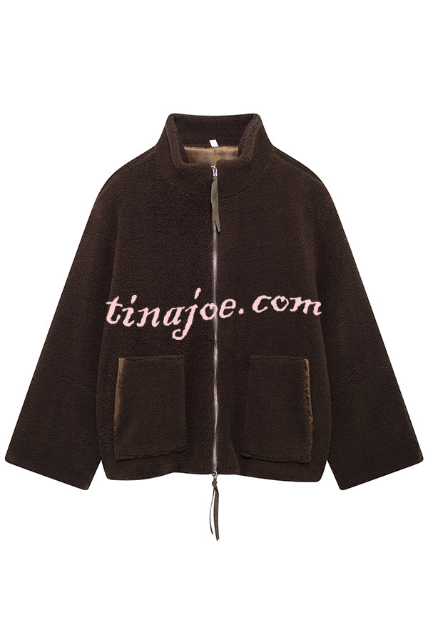 Solid Color Stitching High Collar Long Sleeve Loose Pocket Woolen Coat