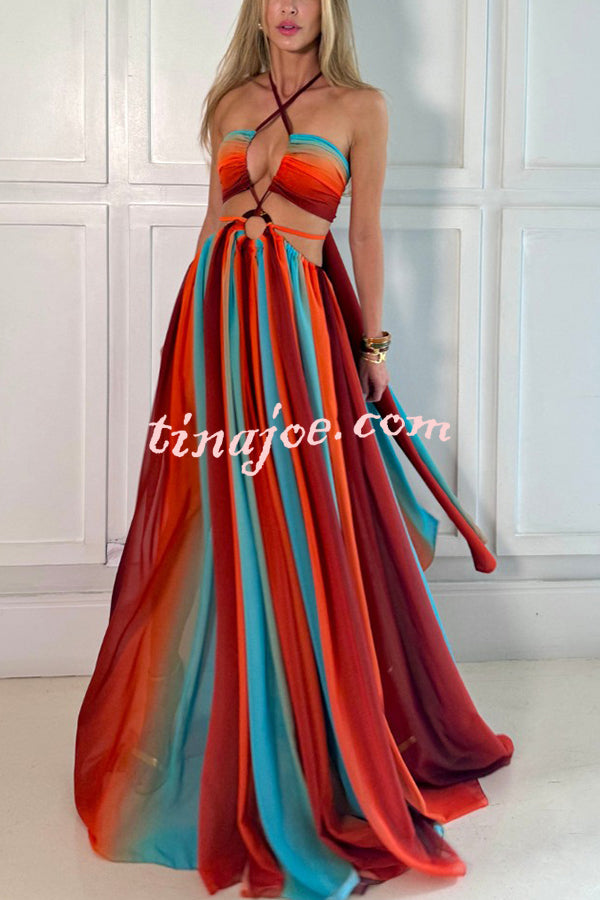 Variety of Styles Tulle Printed Ring Hollow Design Slit Vacation Maxi Dress