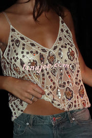 Club Queen Embroidered Sequin Unique Pattern Loose Slip Tank