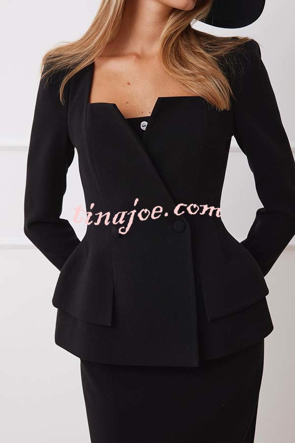 Sculptural Elegance Square Neck Button Blazer and Elastic Waist Pencil Midi Skirt Set