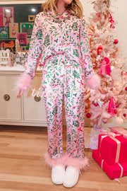 Iconic Holiday Printed Feather Trim Elastic Waist Pocketed Pajama Set