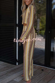 Tamia Knit Colorful Wave Unique Print Crop Top and Stretch Wide Leg Pants Set