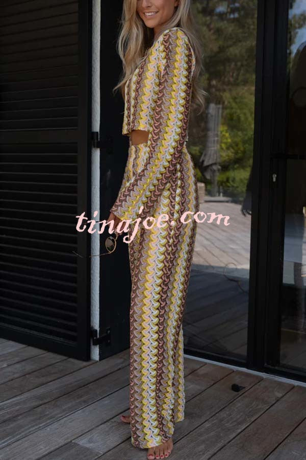 Tamia Knit Colorful Wave Unique Print Crop Top and Stretch Wide Leg Pants Set