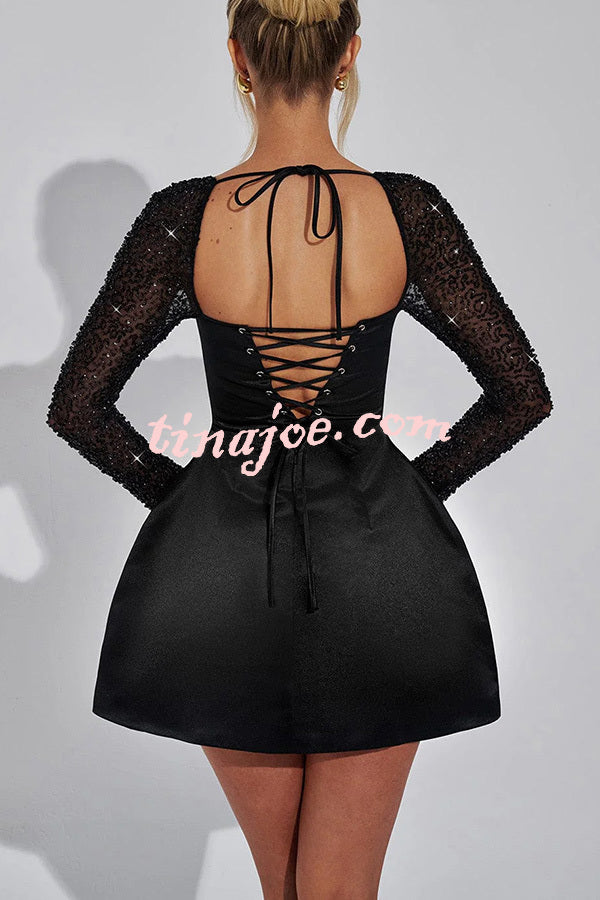 Like A Doll Sequin Long Sleeve Satin Pocketed Bubble Shape Mini Dress