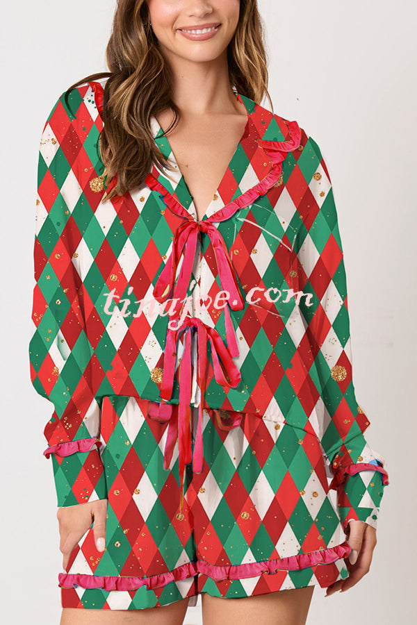 Christmas Holiday Print Bow Tie Long Sleeve and Elastic Waist Loose Shorts Set