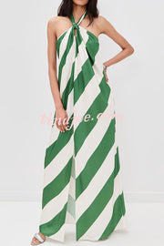 Most Dreamy Stripe Print Halter Tie-up Backless Pocket Loose Maxi Dress