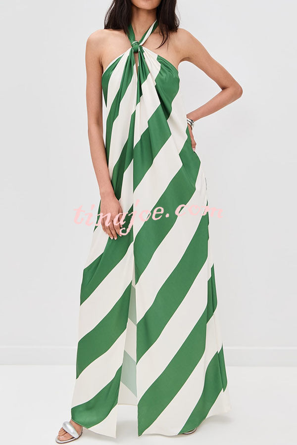Most Dreamy Stripe Print Halter Tie-up Backless Pocket Loose Maxi Dress