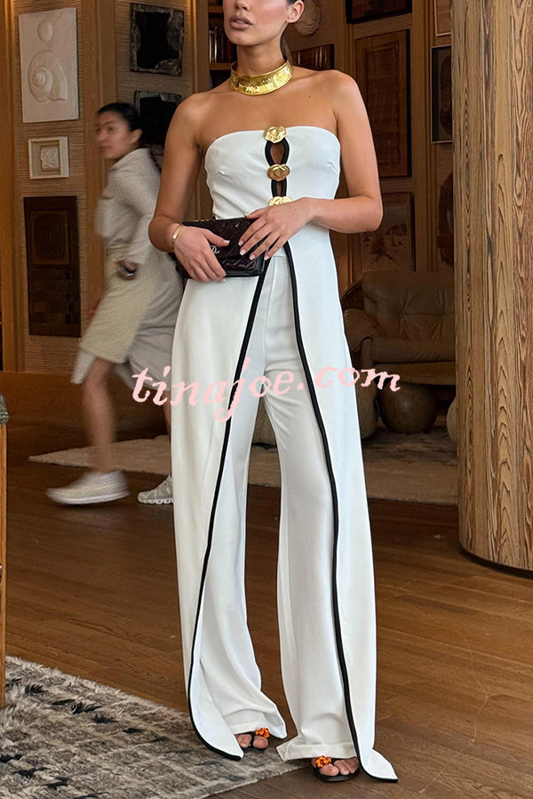 Fashionable Contrast Color Off-shoulder Metal Decoration Casual Elegant Jumpsuit