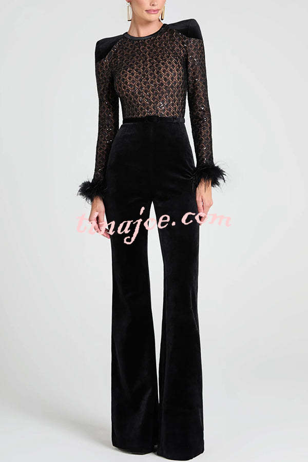 Monique Fish Scale Lace Sequin Velvet Patchwork Feather Trim Stretch Flare Jumpsuit