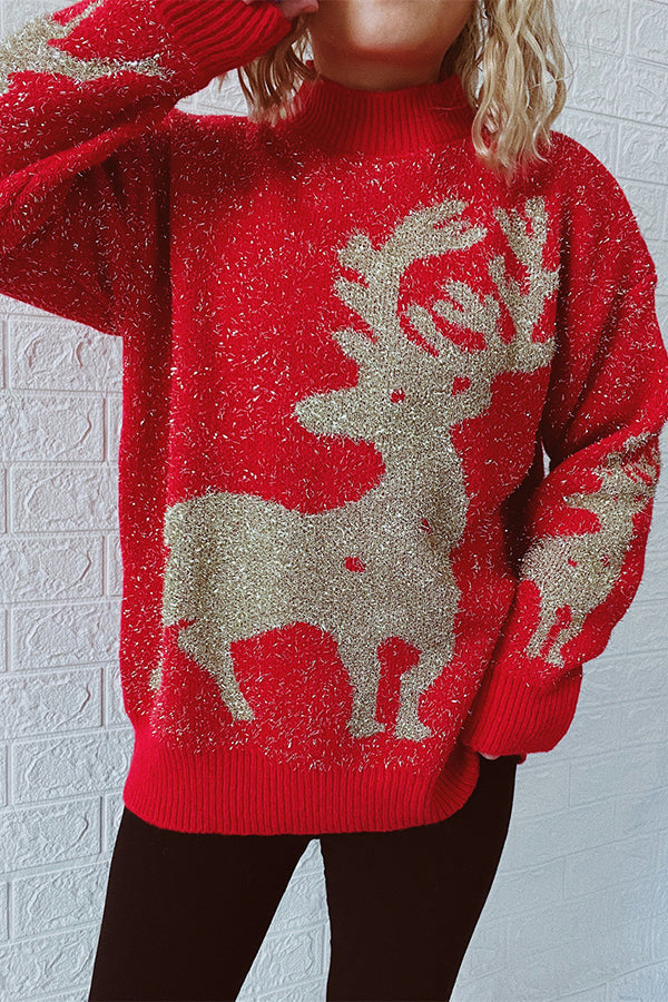 Christmas Pattern Knitted Crew Neck Long Sleeved Sweater