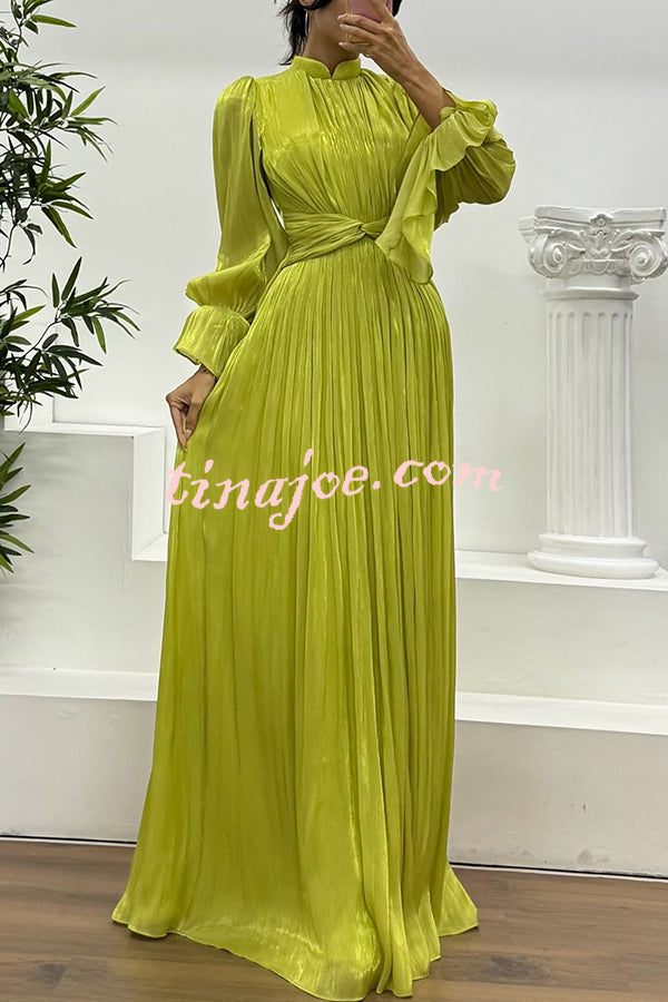 Ellah Shiny Fabric Chinese Stand Collar Twist Waist Balloon Sleeve Maxi Dress