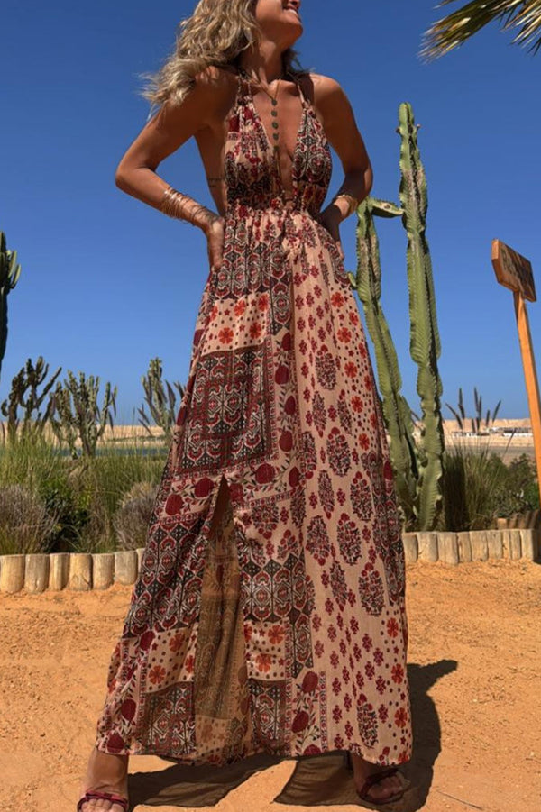 Boho Unique Printed Ring Halter Neck Open Back Slit Maxi Dress