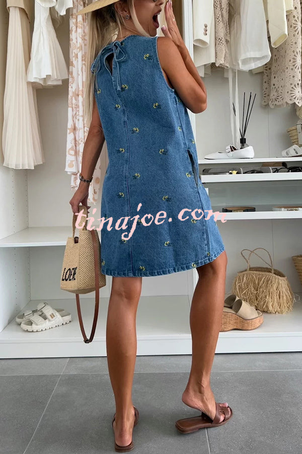 Floral Print Round Neck Sleeveless Loose Denim Mini Dress