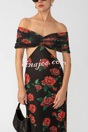 Rose Print Sexy Strapless Backless Slim Maxi Dress