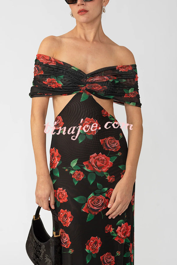 Rose Print Sexy Strapless Backless Slim Maxi Dress