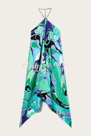 Elmhurst Satin Unique Print Chain Halter Draped Scarf Midi Dress