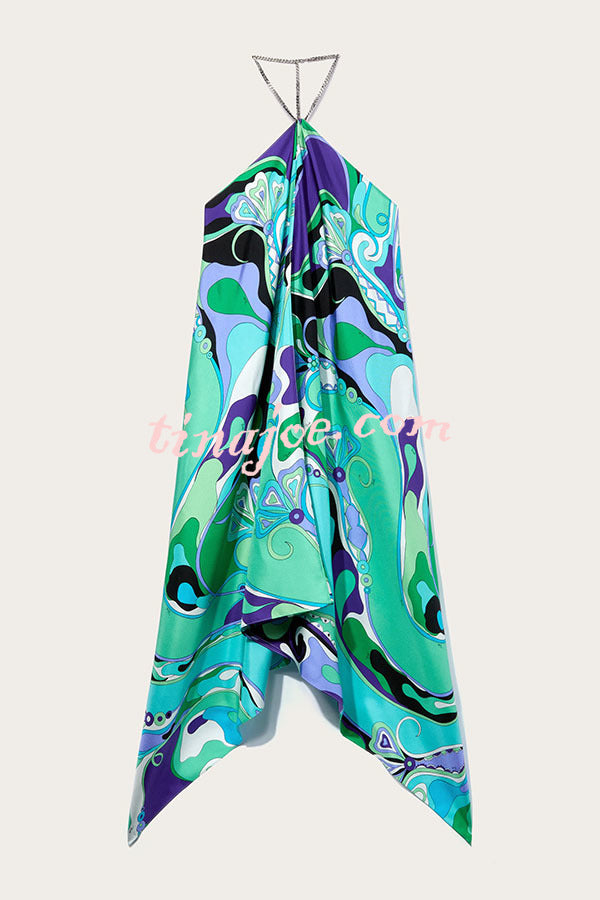 Elmhurst Satin Unique Print Chain Halter Draped Scarf Midi Dress