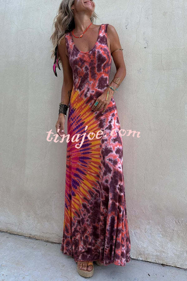 Boho Happiness Tie-dye Print Back Lace-up Stretch Maxi Dress
