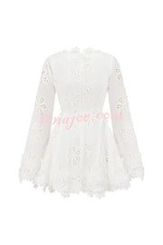 Diaz Embroidery Hollow Fabric Delicate Flower Trim Long Sleeve Side Lace-up Mini Dress