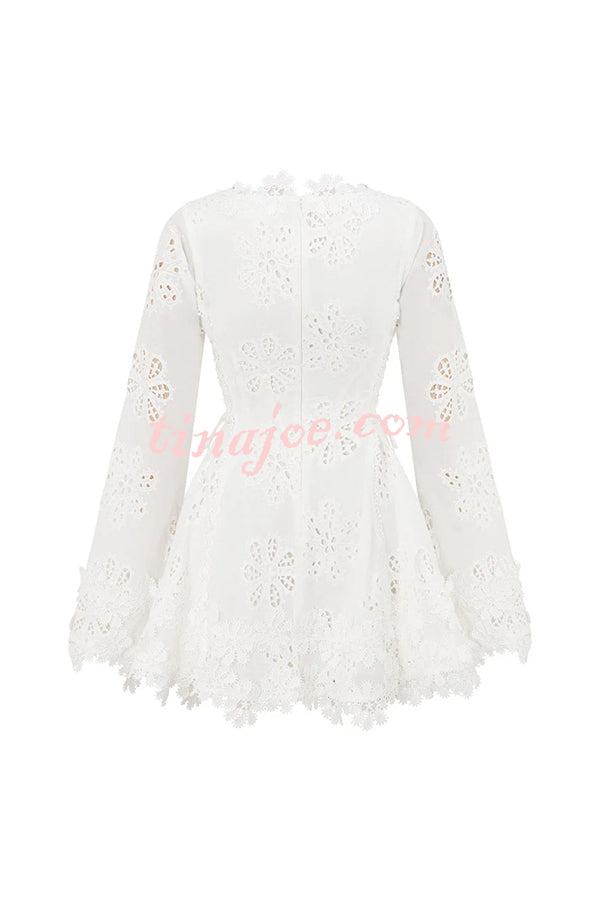 Diaz Embroidery Hollow Fabric Delicate Flower Trim Long Sleeve Side Lace-up Mini Dress