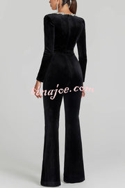 Classic Charm Velvet Jewel Embellished Trim Long Sleeve Flare Jumpsuit