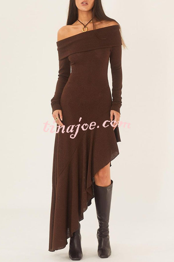 Temperament Off Shoulder Long Sleeve Irregular Hem Stretch Maxi Dress