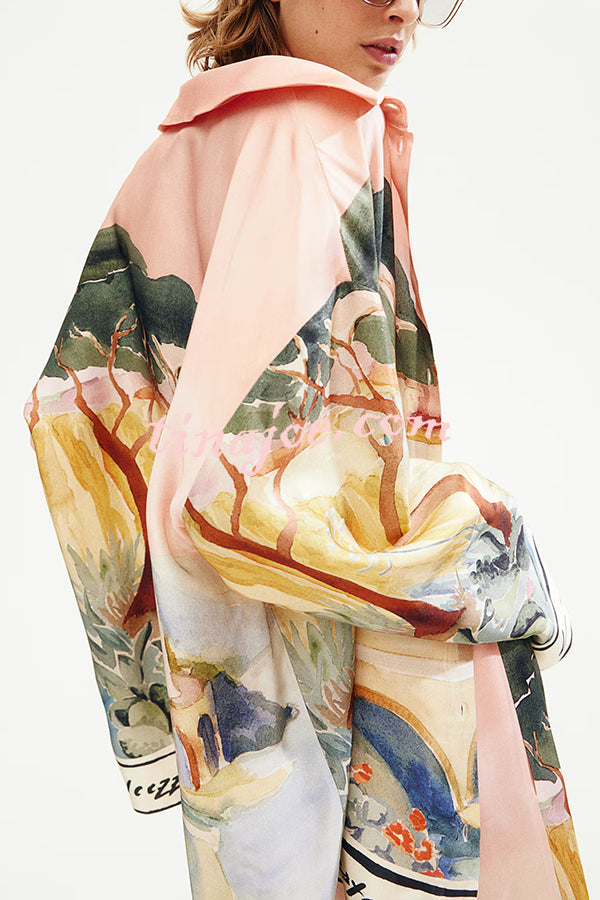 Unique Print Lapel Long Sleeve Loose Shirt and Elastic Waist Casual Pocket Shorts Set