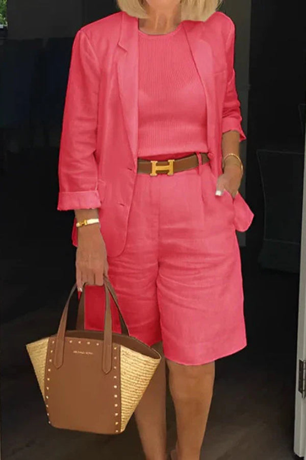 Solid Color Lapel Long-sleeved Loose Top and Casual Pocket Shorts Set