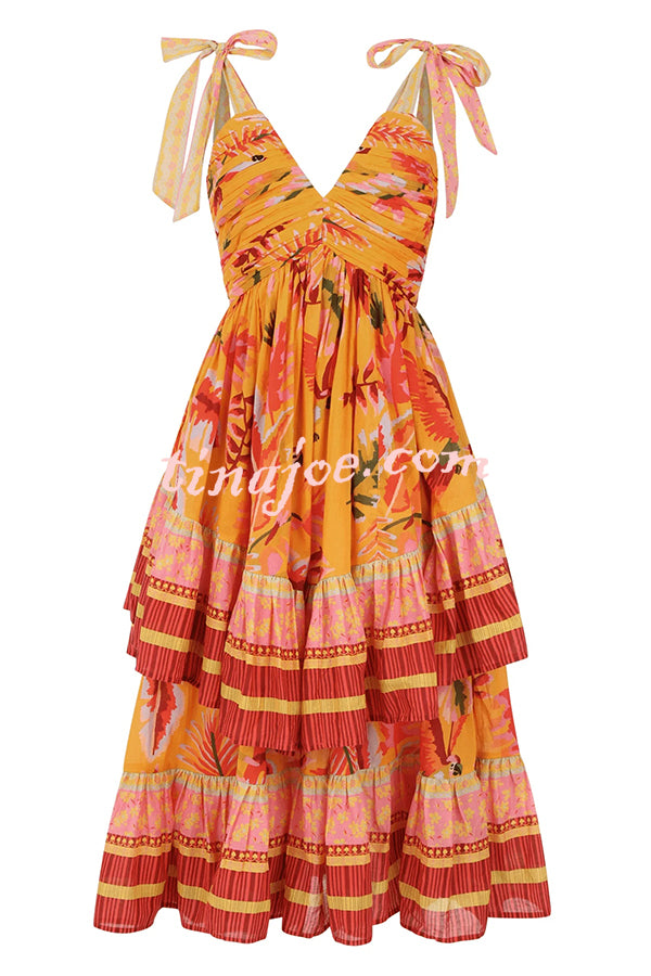 Tropical Sunset Unique Print Pleated Tie-up Straps Tiered Midi Dress