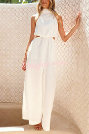 Solid Color Resort Style Halter Neck Waist Pocket Wide Leg Jumpsuit