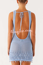 Fashion Knit Hollow Beaded Tassel Embellished Sleeveless Slim Mini Dress