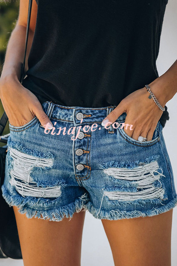 Independence Day American Flag Print Bottom Tassel Denim Pocket Shorts