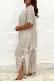Solid Color Round Neck Short-sleeved Loose Top and Elastic Waist Casual Pants Set